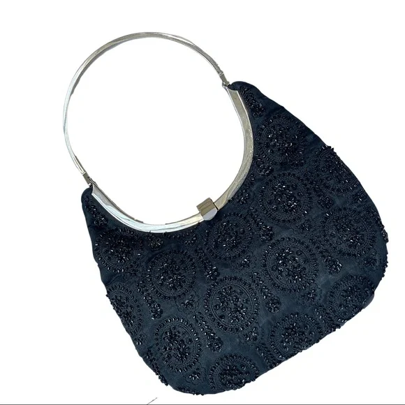 Black Bead & Sequin Purse | Lord and Taylor | Silver Tone Frame | Formal Evening - Picture 5 of 5